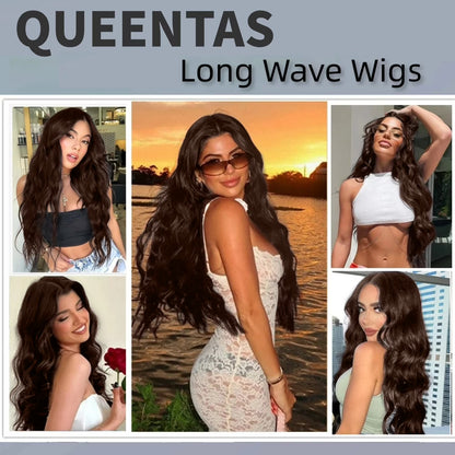 24" Brown Wigs for Women V Part Curly Red Brown Wigs Synthetic Water Wave Wigs Long Wavy Wig