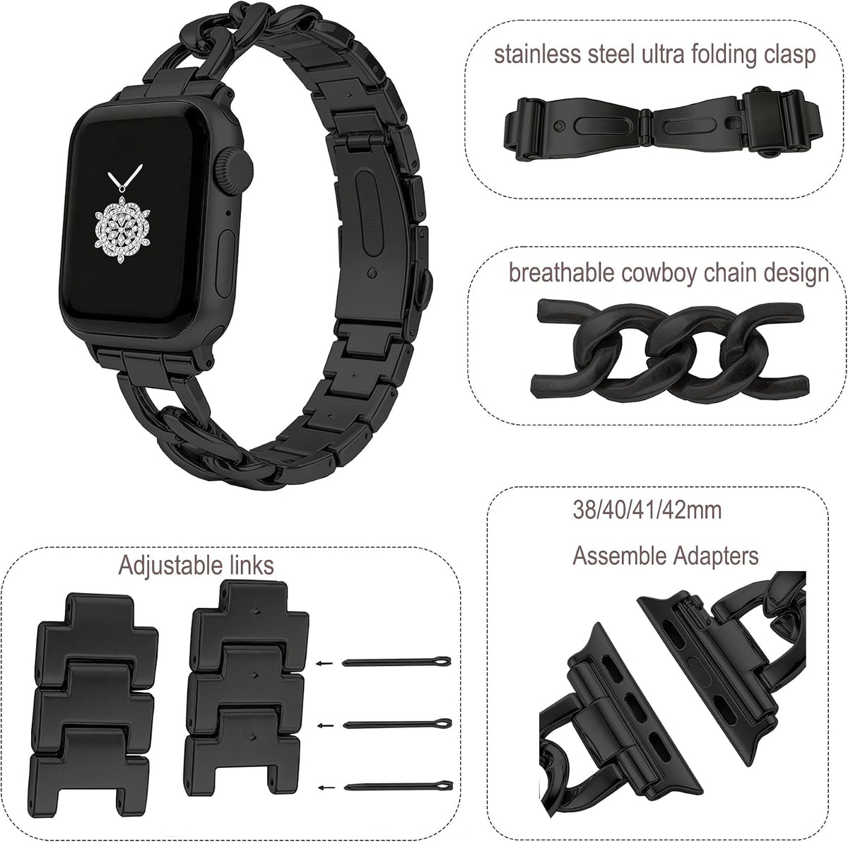 38/40/41/42Mm(Series 11/10)/44/45/46MM Women Cool Chain Metal Smartwatch Bands Compatible for Apple Watch Bands Series 11/ SE3/10/9/8/7/6/5 Stylish Adjustable Replaceable Bracelet for Iwatch S11/10/9/8/7