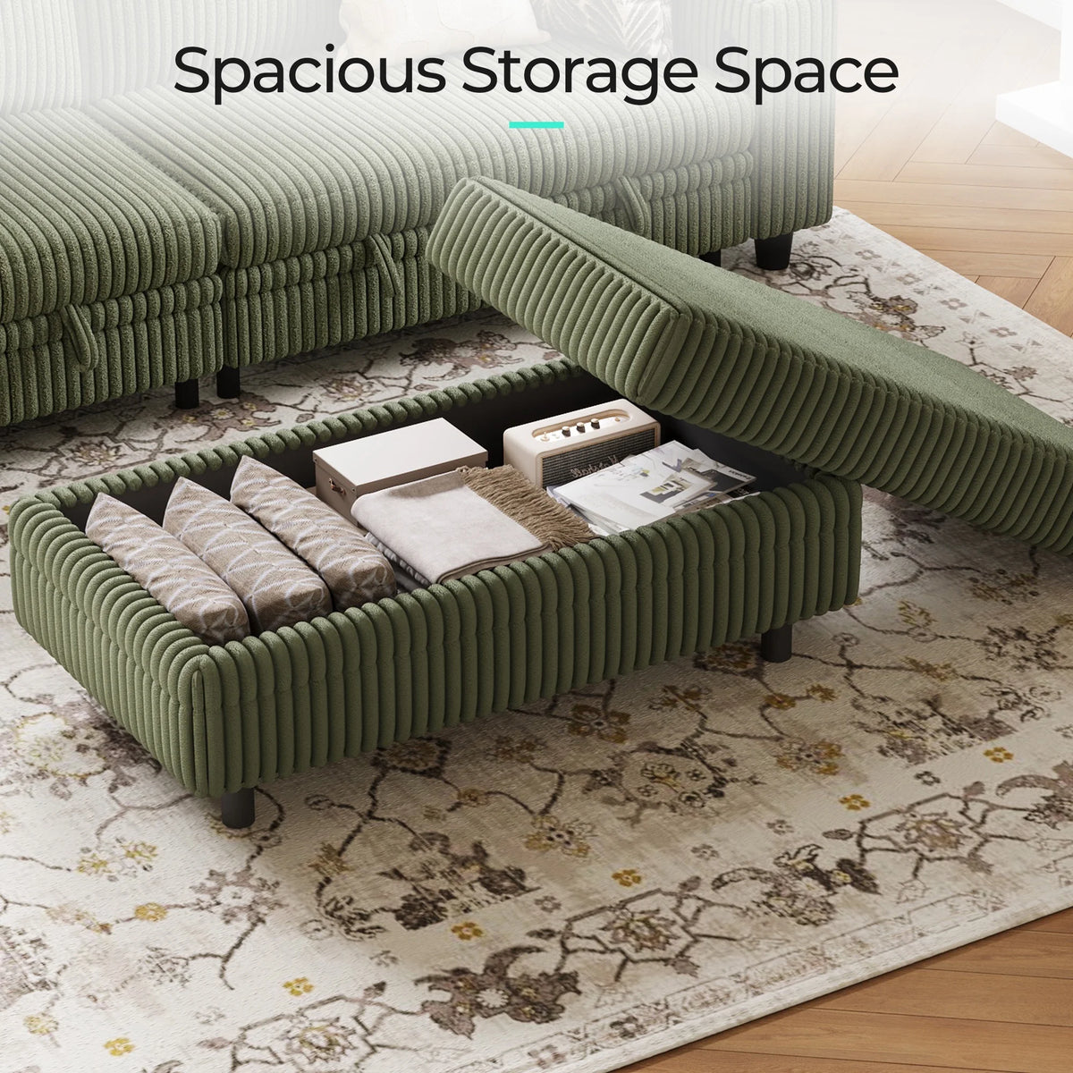 3 Seaterss Sectional Couches for Living Room, Sofa Bed with Storage Seat, Pull Out Couch Bed with Storage Ottoman, Dark Green