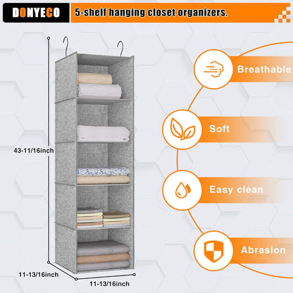 Hanging Closet Organizer 5-Shelf, Oxford Linen Wardrobe Storage, Gray