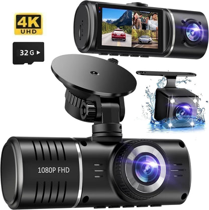 Dash Cam Front and Rear, 1080P Dash Camera for Cars, 3 Channel Car Camera Front Rear and inside with 32GB Card, Loop Recording, Night Vision, HDR, 24Hr Parking, G-Sensor
