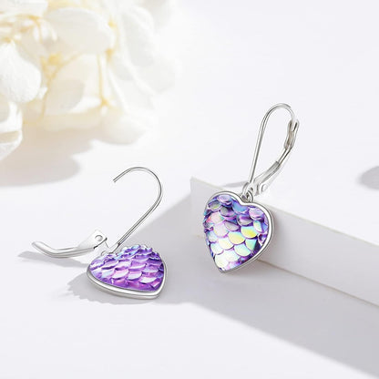 Sterling Silver Mermaid Heart Leverback Hoop Earrings - Hypoallergenic, Colorful, Mother&