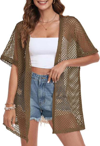 Women Swimsuit Coverup Crochet Beach Cover up Short Sleeve Kimono Cardigans