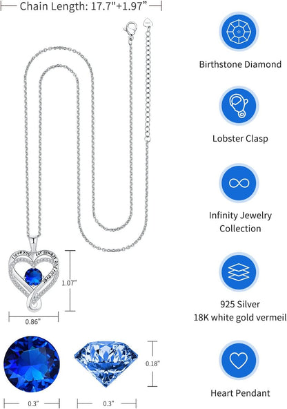 Jewelry for Women Wife Infinity Heart Birthstone I Love You Necklace S925 Anniversary Women Necklaces for Her Wife Birthday Gift Ideas, Birthday Present for Girlfriend Mom Daughter Sterling Silver