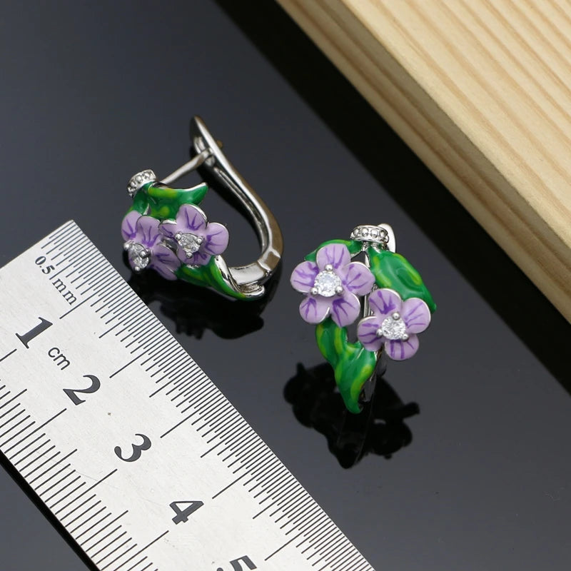Vintage Jewelry Sets Purple Enamel Orchids 925 Sterling Silver Earrings Ring for Women Wedding Party Dropshipping