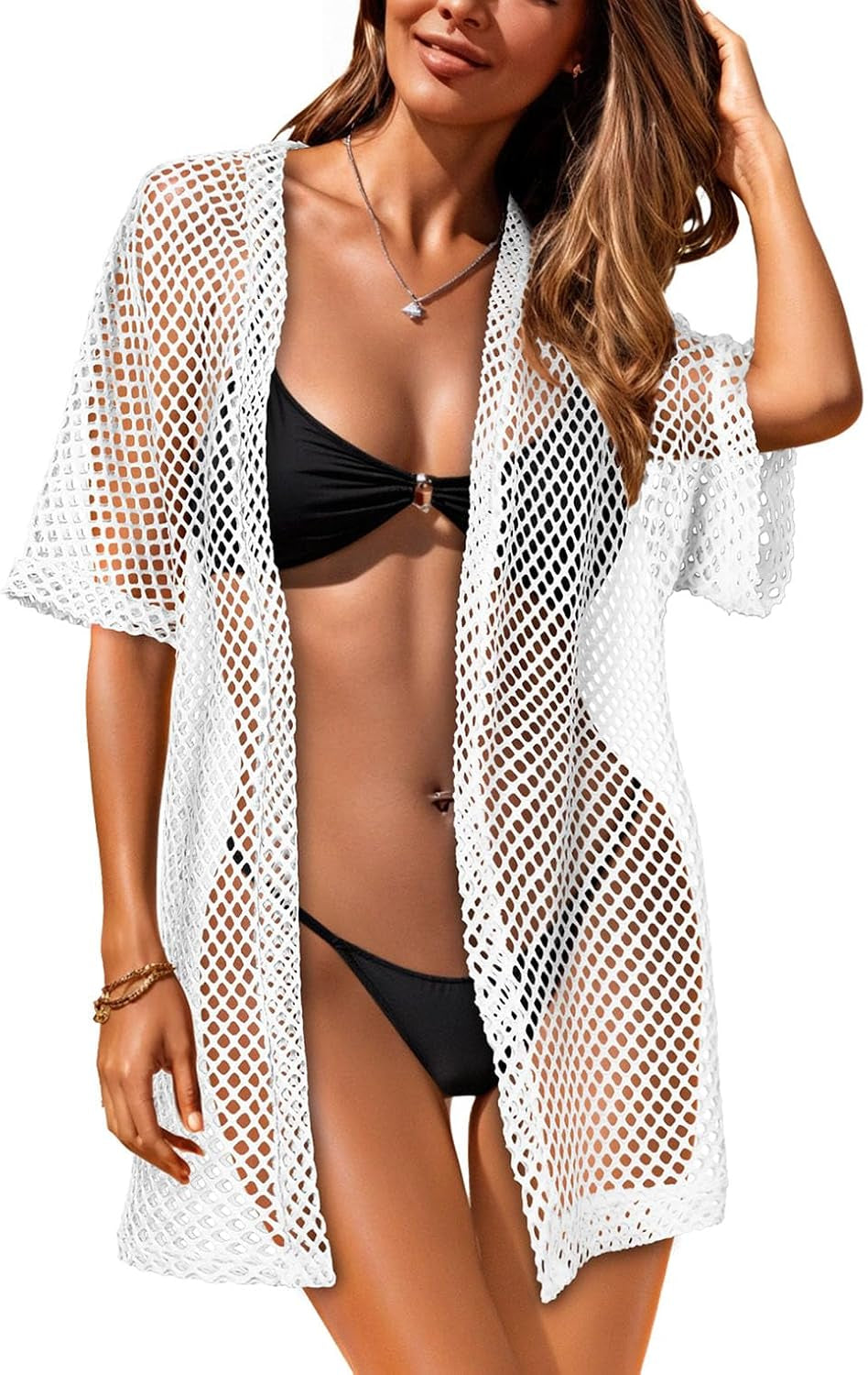 Women Swimsuit Coverup Crochet Beach Cover up Short Sleeve Kimono Cardigans