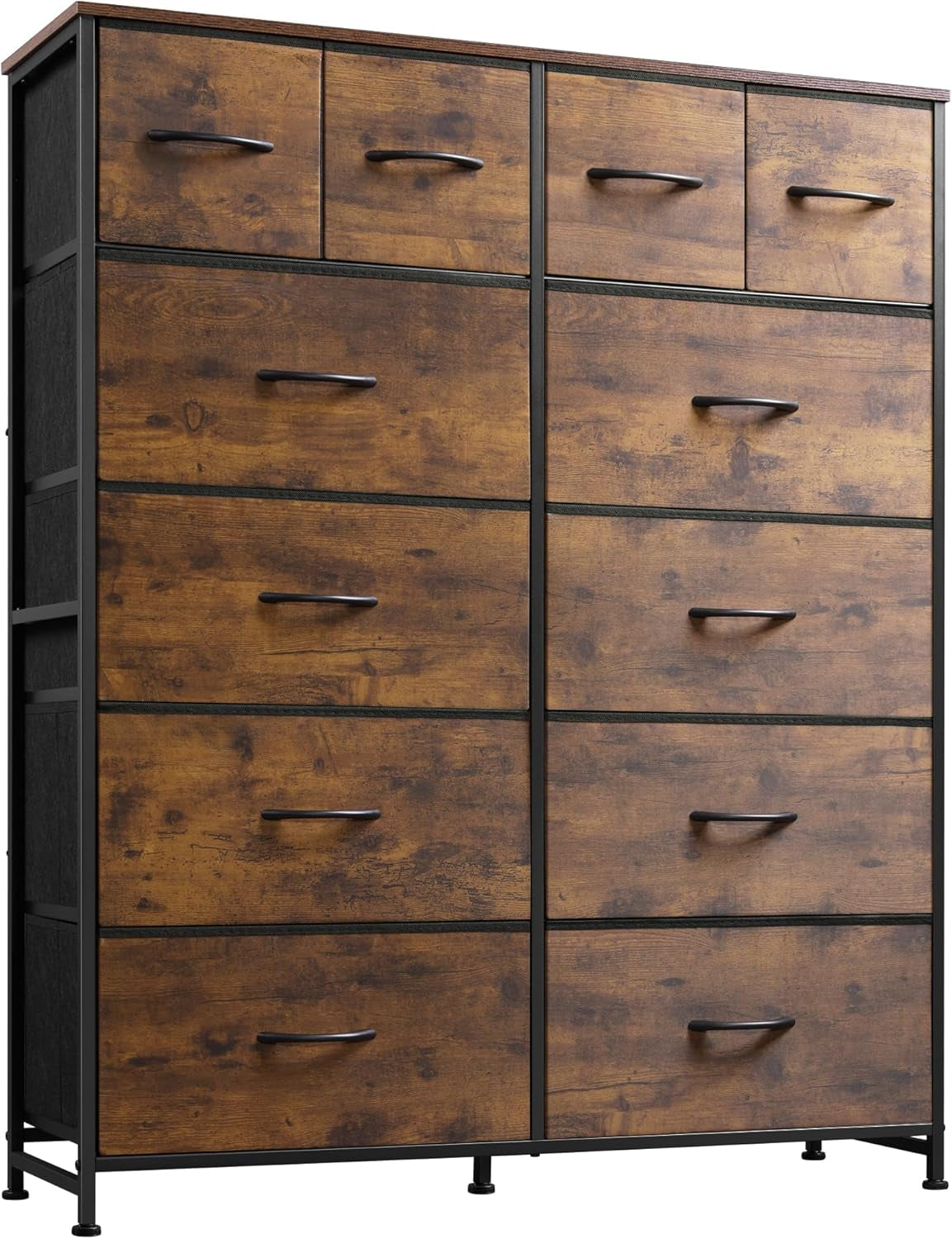 12 Drawer Tall Fabric Dresser Bedroom Storage Chest, Rustic Brown
