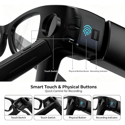 T200C Smart Glasses with Camera, 800W 1080P Video Recording, AI Stabilization