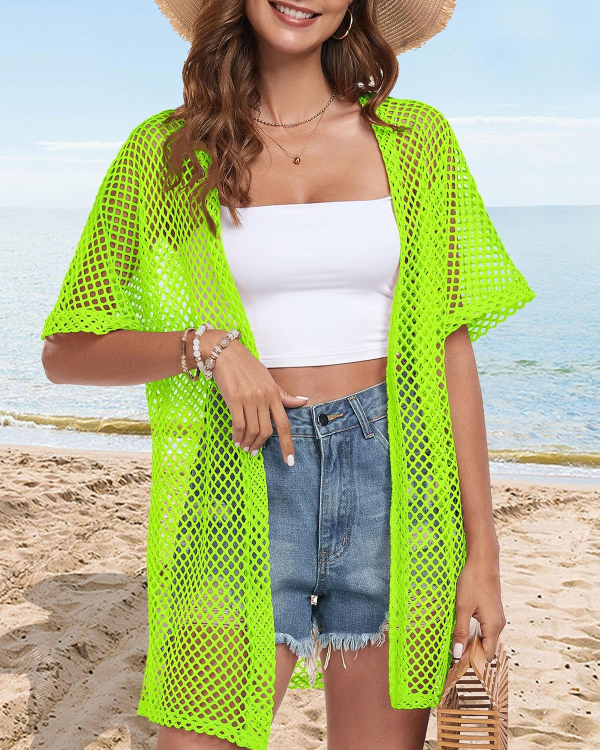 Women Swimsuit Coverup Crochet Beach Cover up Short Sleeve Kimono Cardigans
