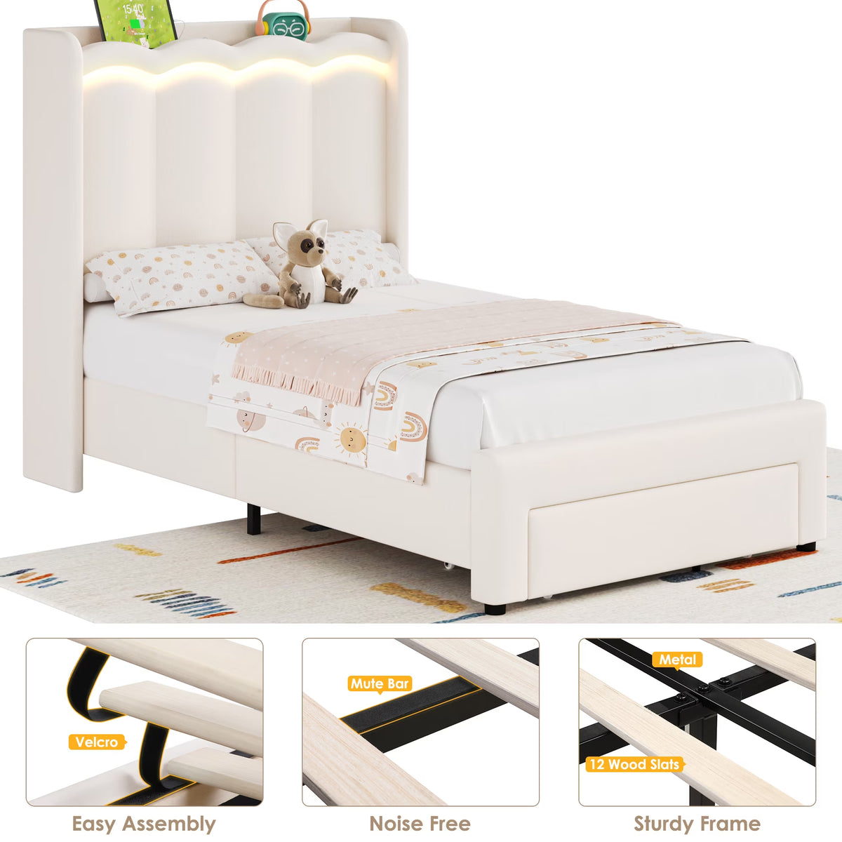 Twin Size Bed with Power Outlet &amp; LED, Upholstered Princess Beds with Drawer, Twin Beds with Headboard Storage, Beige