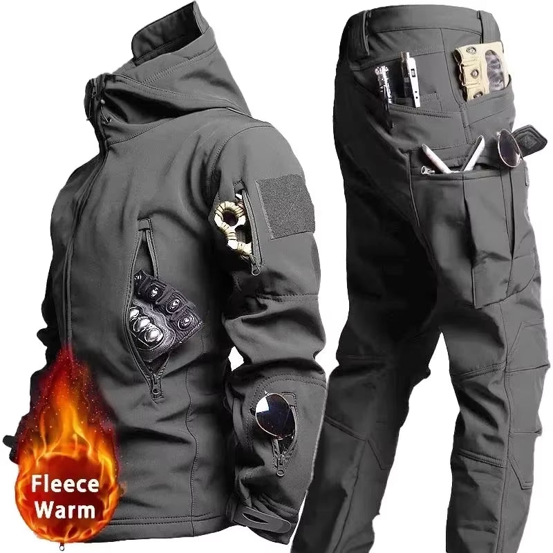 NEW Camo Fleece Warm Sets Winter Soft Shell Tactical Jacket Cargo Pant Outdoor Multi-Pocket Waterproof Hunting Suit
