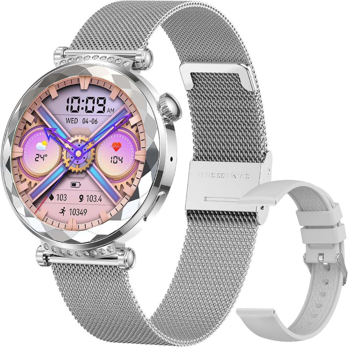 Smart Watch for Women, Fitness Tracker for Android/Ios, 1.19" AMOLED Screen Smartwatches with Female Cycle, Heart Rate, Sleep Monitor, Activity Tracking (2 Watch Bands) (Silver)