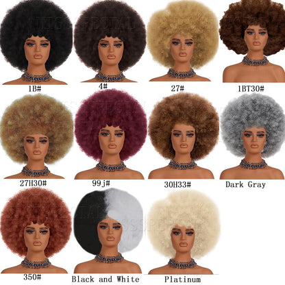 Afro Wig 70S Curly Wigs for Black Women Glueless Afro Wigs Large Bouncy and Soft Natural Looking Full Wigs Big Afro Puff Wig with Bangs Synthetic Hair Wig for Daily (1B
