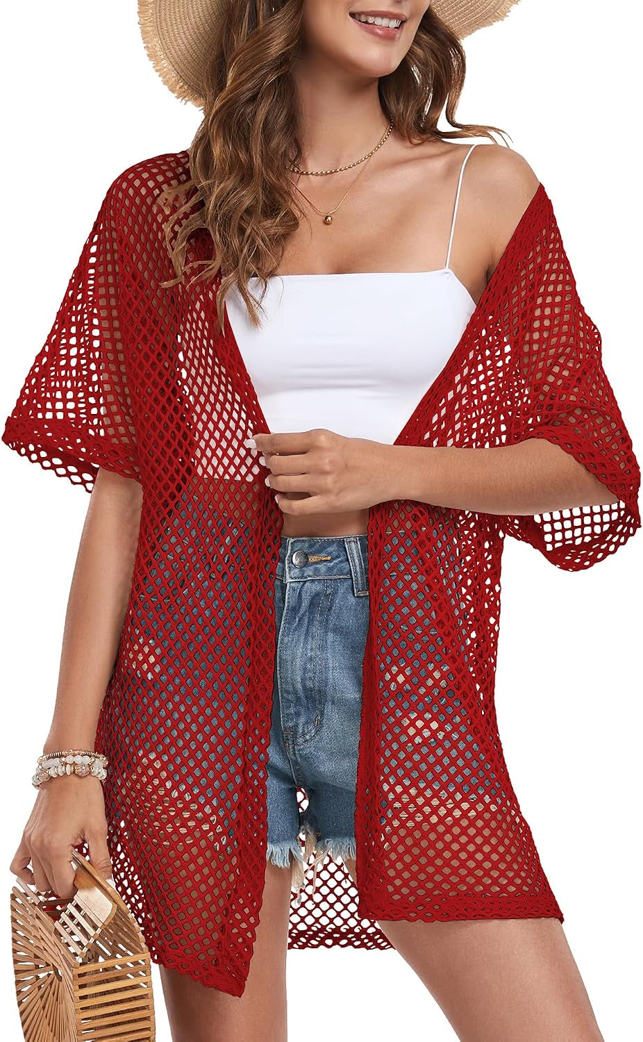 Women Swimsuit Coverup Crochet Beach Cover up Short Sleeve Kimono Cardigans