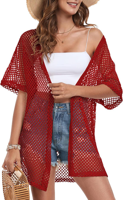 Women Swimsuit Coverup Crochet Beach Cover up Short Sleeve Kimono Cardigans