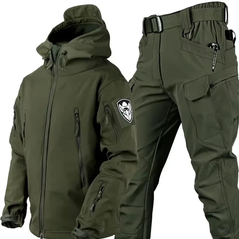 Winter Thicken Men Camo Suit Waterproof Tactical Training Set Multi-Pocket Hooded Jacket Fleece Pants Outdoor Hunting 2-Piece