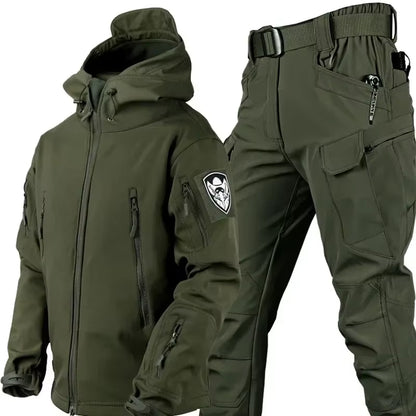 Winter Thicken Men Camo Suit Waterproof Tactical Training Set Multi-Pocket Hooded Jacket Fleece Pants Outdoor Hunting 2-Piece