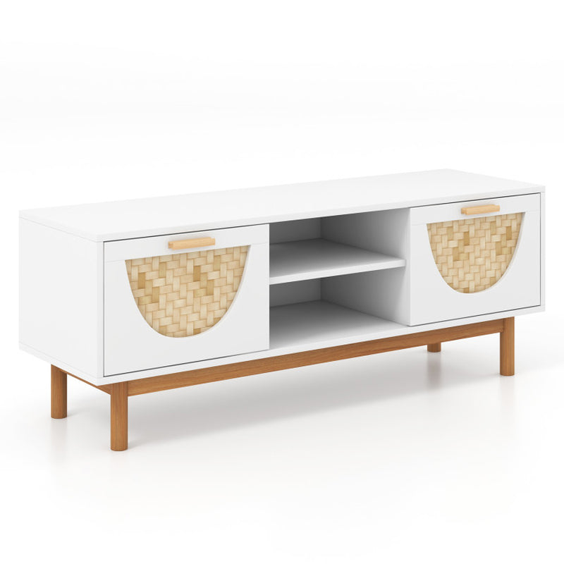 Mid Century Modern TV Stand Entertainment Center for 55-Inch TV with 2 Drawers and Bamboo Woven Fronts