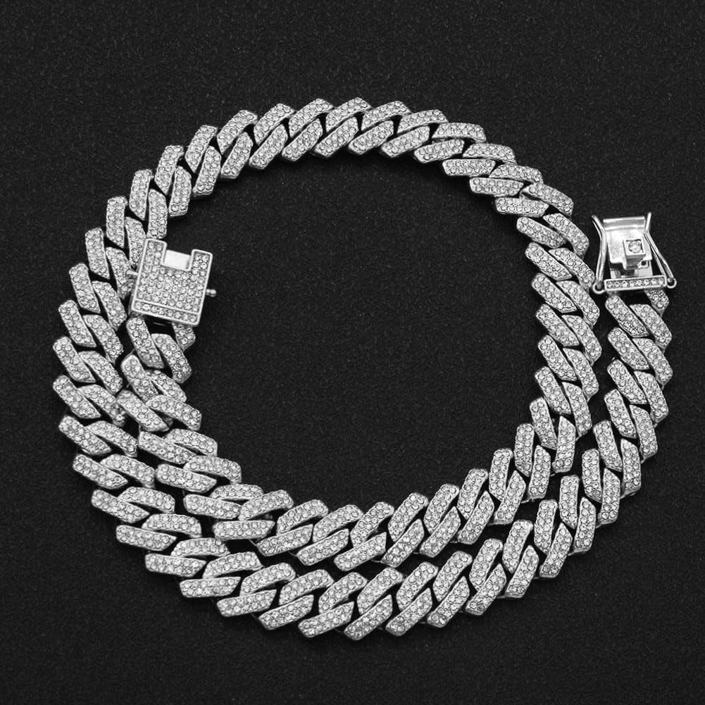 Mens Silver Gold Cuban Link Chain for Men Women Diamond Necklace Chain Iced Out Chain Miami Cuban Link Bracelet Men Hip Hop Jewelry for Men and Women Jewelry Gift