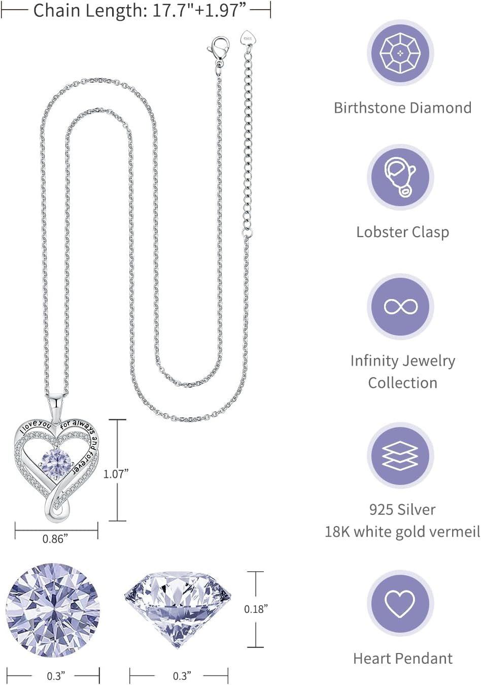 Jewelry for Women Wife Infinity Heart Birthstone I Love You Necklace S925 Anniversary Women Necklaces for Her Wife Birthday Gift Ideas, Birthday Present for Girlfriend Mom Daughter Sterling Silver