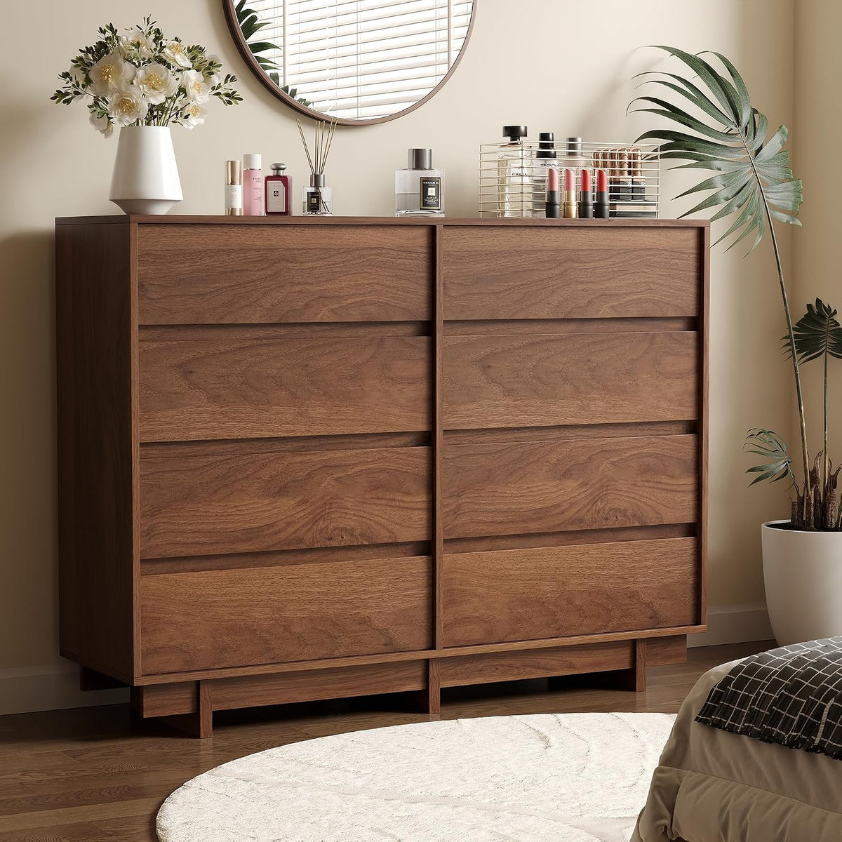 8 Drawer Walnut Dresser for Bedroom, 53" Wide Mid Century Modern Dresser