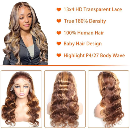 13X4 Highlight Ombre Lace Front Wig Human Hair Pre Plucked 4/27 Honey Blonde HD Transparent Colored Lace Frontal Wigs for Women with Baby Hair 180% Density Body Wave Lace Front Wig (24 Inch)