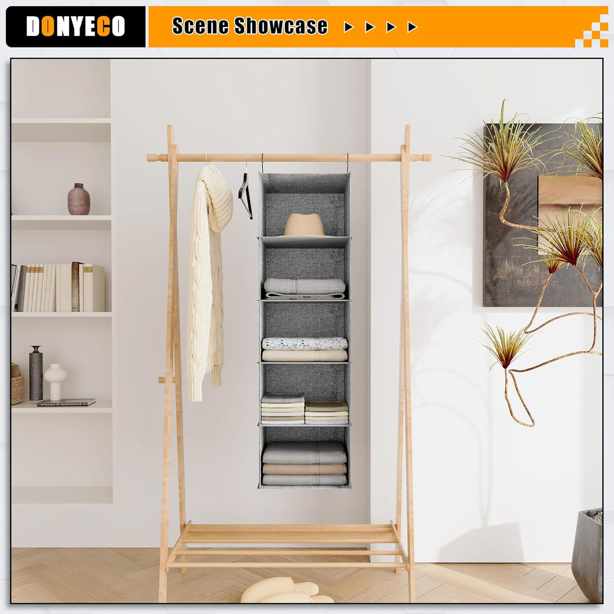 Hanging Closet Organizer 5-Shelf, Oxford Linen Wardrobe Storage, Gray