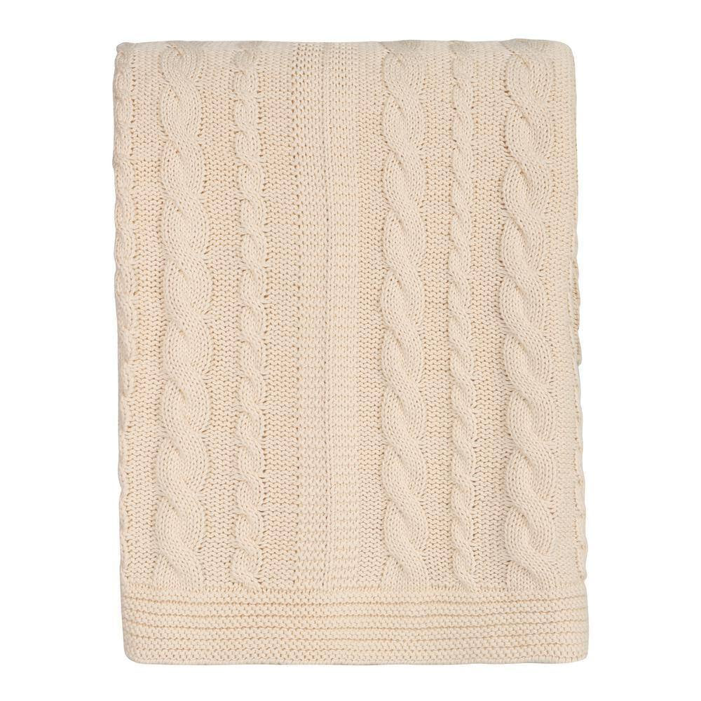 GOTS Certified Organic Cotton Throw Blanket Natural 50 In. X 70 In. for Sofa Couch Bed, Cable Knitted Throw Blanket