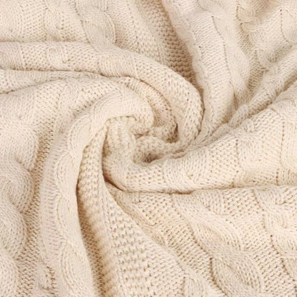 GOTS Certified Organic Cotton Throw Blanket Natural 50 In. X 70 In. for Sofa Couch Bed, Cable Knitted Throw Blanket
