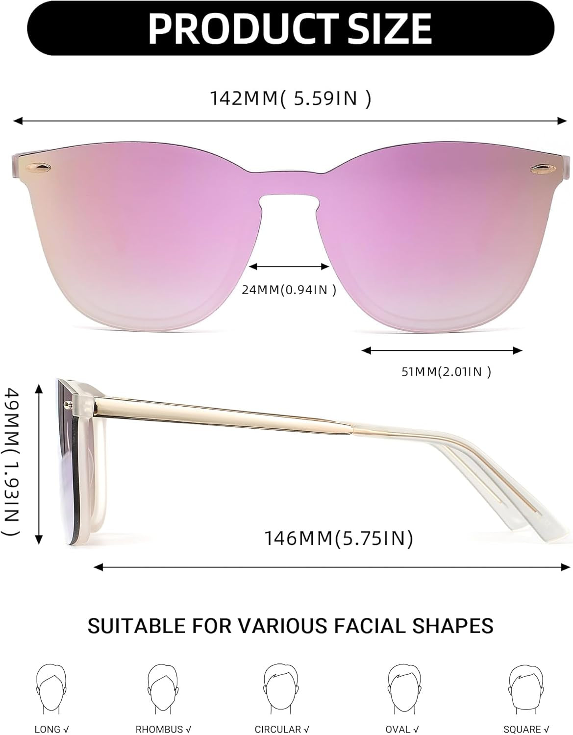 Rimless Mirrored Sunglasses for Men Women One Piece Reflective