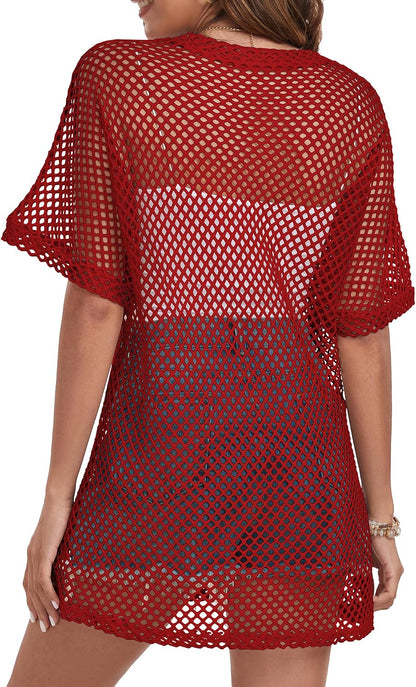 Women Swimsuit Coverup Crochet Beach Cover up Short Sleeve Kimono Cardigans