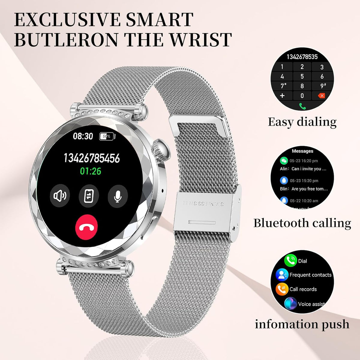 Smart Watch for Women, Fitness Tracker for Android/Ios, 1.19" AMOLED Screen Smartwatches with Female Cycle, Heart Rate, Sleep Monitor, Activity Tracking (2 Watch Bands) (Silver)
