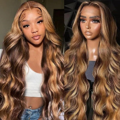 26 Inch Highlight Ombre Lace Front Wig Human Hair 13X6 HD Lace Body Wave