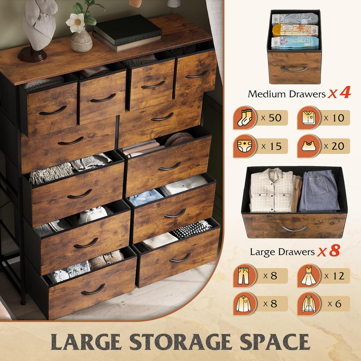 12 Drawer Tall Fabric Dresser Bedroom Storage Chest, Rustic Brown