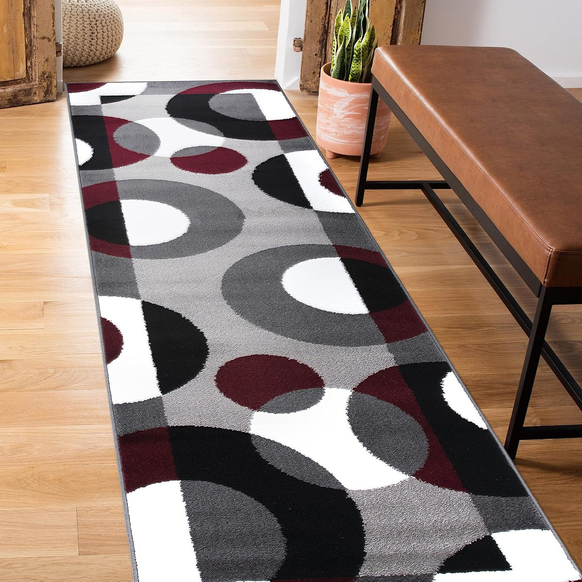 Circles Modern Soft Living Room Runner Rug Burgundy 2&