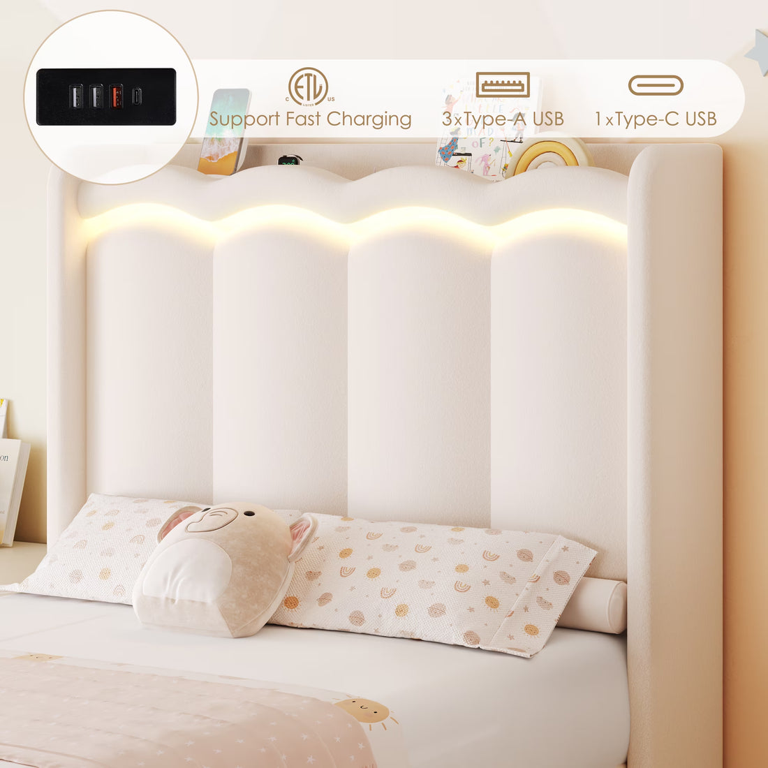 Twin Size Bed with Power Outlet &amp; LED, Upholstered Princess Beds with Drawer, Twin Beds with Headboard Storage, Beige