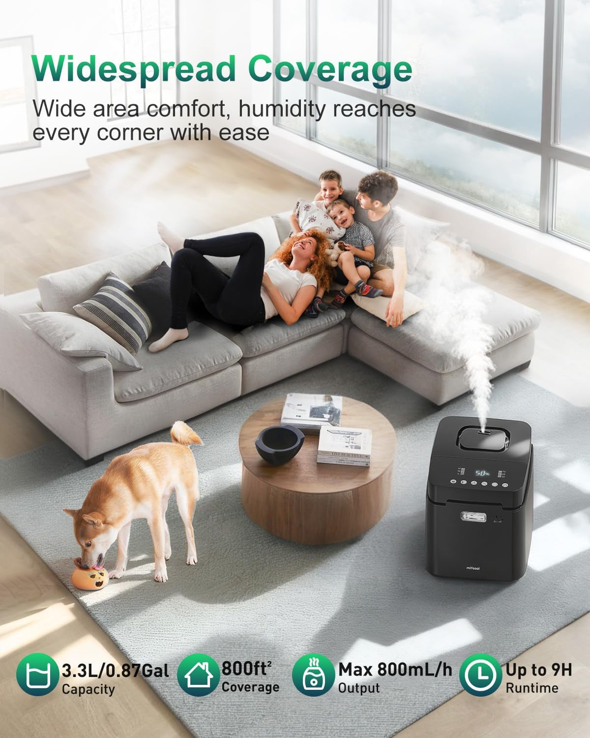 Stainless Steel Humidifier, 3.3L Warm Mist Humidifiers for Bedroom, Easy Clean Steam Humidifiers for Home, Dishwasher Safe Humidifier Large Room, Black
