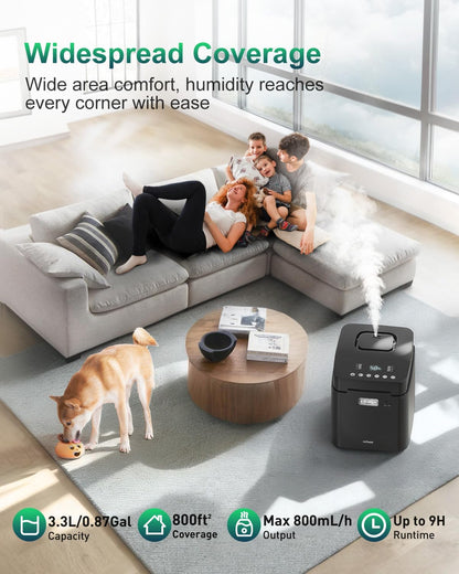 Stainless Steel Humidifier, 3.3L Warm Mist Humidifiers for Bedroom, Easy Clean Steam Humidifiers for Home, Dishwasher Safe Humidifier Large Room, Black