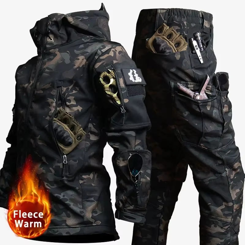 NEW Camo Fleece Warm Sets Winter Soft Shell Tactical Jacket Cargo Pant Outdoor Multi-Pocket Waterproof Hunting Suit