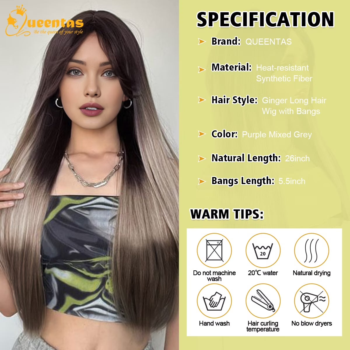 26" Grey Wigs for Women Synthetic Grey Wigs with Dark Root Straight Long Wigs with Bangs Glueless Wigs Purple Mix Grey