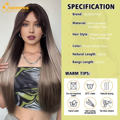 26" Grey Wigs for Women Synthetic Grey Wigs with Dark Root Straight Long Wigs with Bangs Glueless Wigs Purple Mix Grey