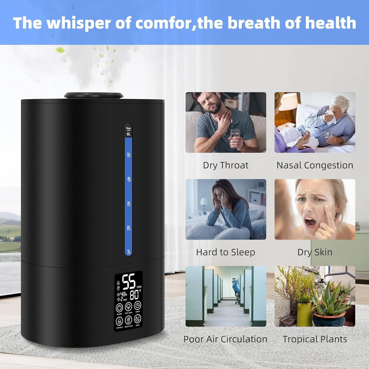 6L Warm &amp; Cool Mist Humidifiers for Bedroom,Large Room,Plants