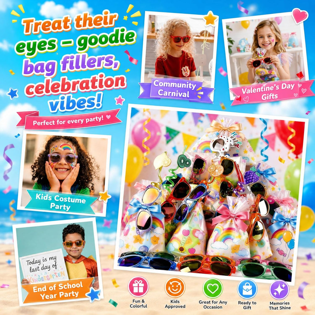 Party Favors Kids Sunglasses Bulk - 16 Packs Neon Sunglasses for Kid Age 3-8, UV400 Protection Party Sunglasses Goodie Bags Stuffers for Kids Birthday Party Supply, End of the Year Gifts for Students