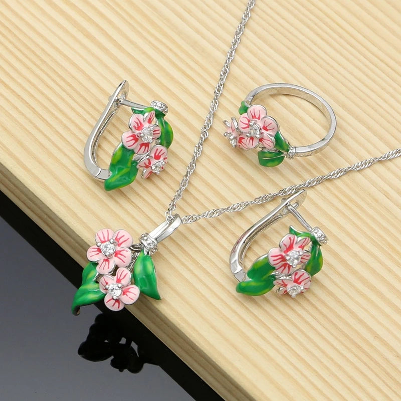Vintage Jewelry Sets Purple Enamel Orchids 925 Sterling Silver Earrings Ring for Women Wedding Party Dropshipping