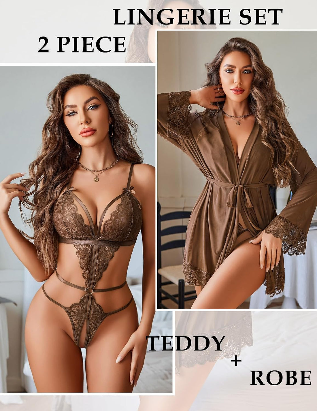 2 Piece Lingerie Set Lace Teddy Bodysuit with Mesh Kimono Robe