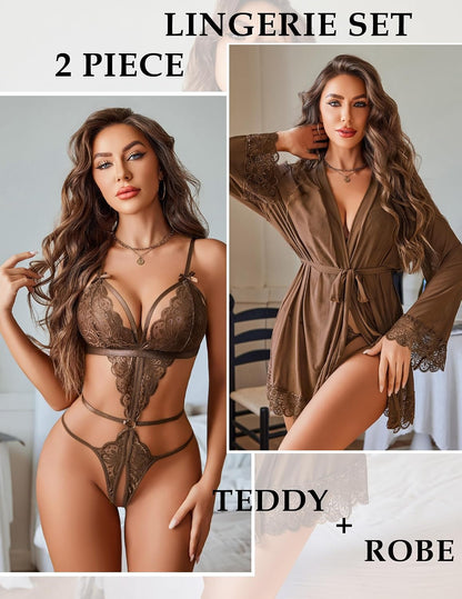 2 Piece Lingerie Set Lace Teddy Bodysuit with Mesh Kimono Robe