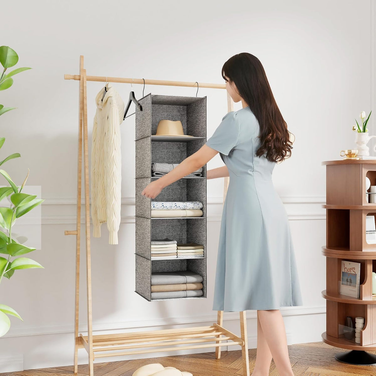 Hanging Closet Organizer 5-Shelf, Oxford Linen Wardrobe Storage, Gray