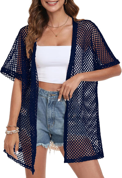 Women Swimsuit Coverup Crochet Beach Cover up Short Sleeve Kimono Cardigans