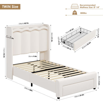 Twin Size Bed with Power Outlet &amp; LED, Upholstered Princess Beds with Drawer, Twin Beds with Headboard Storage, Beige