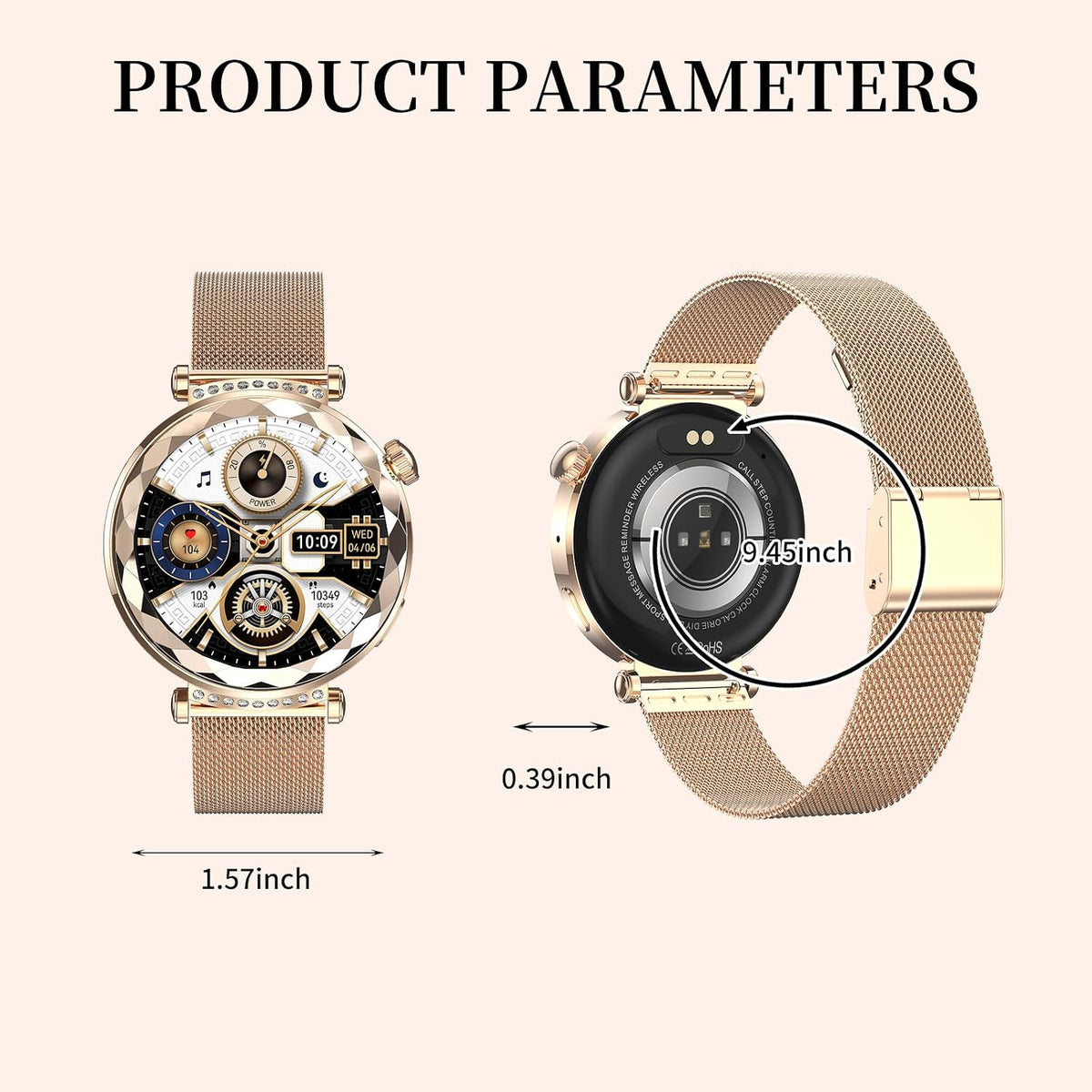 Smart Watch for Women, Fitness Tracker for Android/Ios, 1.19" AMOLED Screen Smartwatches with Female Cycle, Heart Rate, Sleep Monitor, Activity Tracking (2 Watch Bands) (Gold)